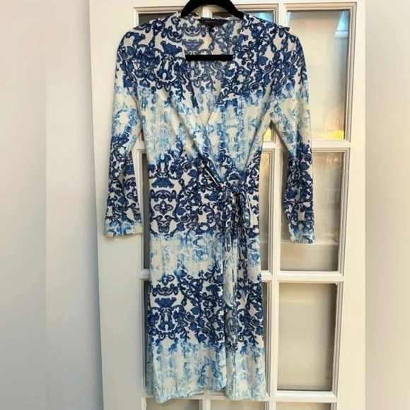 BCBGMAXAZRIA Y2K Adele Blue White Watercolor Paintbrush Wrap Dress Size Small S - Picture 2 of 11